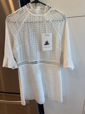 Lace-Panel White Crochet Mini Dress by Here Comes the Sun! Australian Fashion
